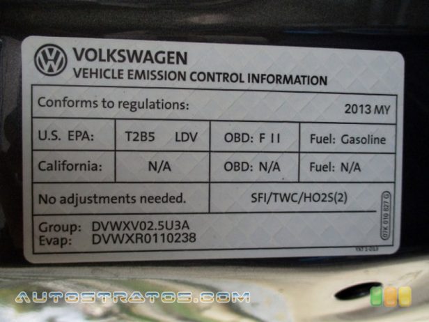 2013 Volkswagen Jetta SE Sedan 2.5 Liter DOHC 20-Valve 5 Cylinder 6 Speed Tiptronic Automatic