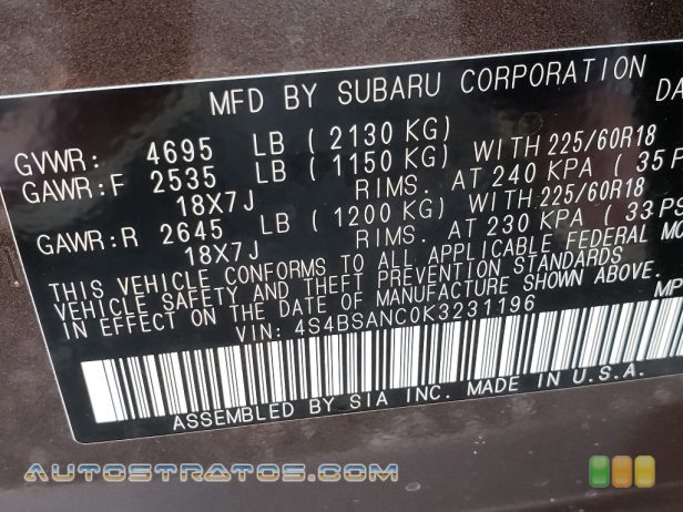 2019 Subaru Outback 2.5i Limited 2.5 Liter DOHC 16-Valve VVT Flat 4 Cylinder Lineartronic CVT Automatic