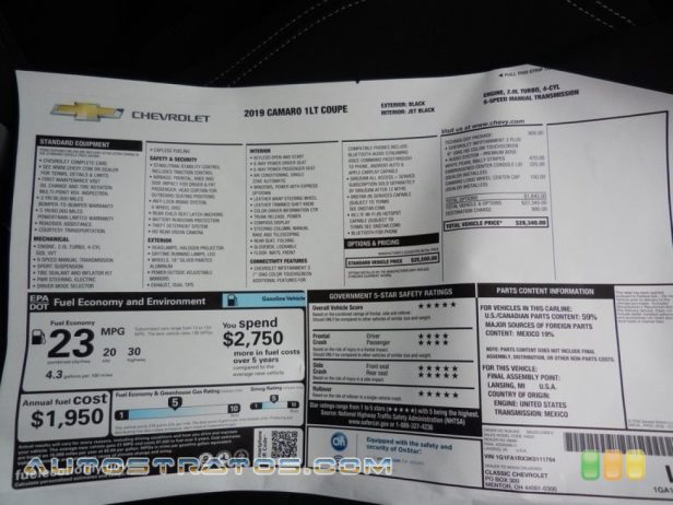 2019 Chevrolet Camaro LT Coupe 2.0 Liter Turbocharged DOHC 16-Valve VVT 4 Cylinder 6 Speed Manual