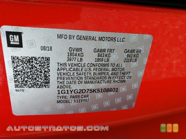 2019 Chevrolet Corvette Stingray Coupe 6.2 Liter DI OHV 16-Valve VVT LT1 V8 7 Speed Manual