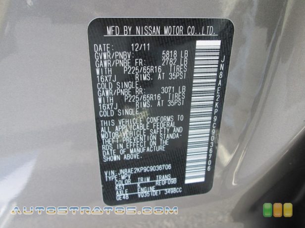 2012 Nissan Quest 3.5 SV 3.5 Liter DOHC 24-Valve CVTCS V6 Xtronic CVT Automatic