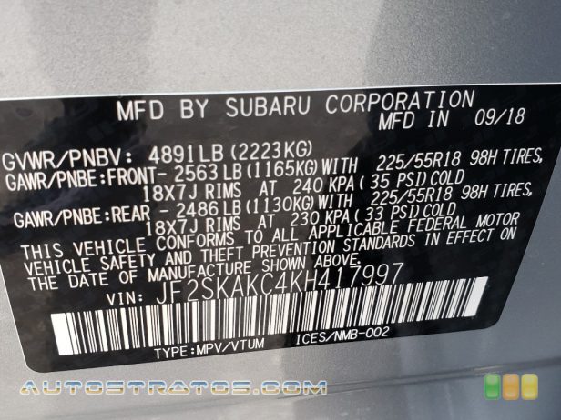 2019 Subaru Forester 2.5i Sport 2.5 Liter DI DOHC 16-Valve VVT Flat 4 Cylinder Lineartronic CVT Automatic