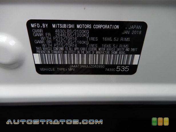 2018 Mitsubishi Eclipse Cross ES S-AWC 1.5 Liter Turbocharged DOHC 16-Valve MIVEC 4 Cylinder CVT Automatic