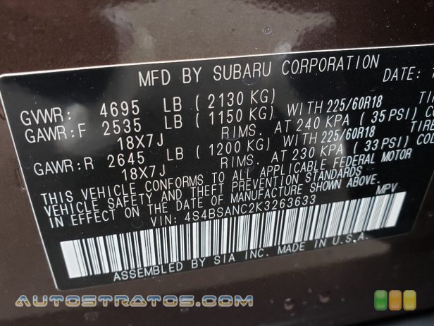 2019 Subaru Outback 2.5i Limited 2.5 Liter DOHC 16-Valve VVT Flat 4 Cylinder Lineartronic CVT Automatic