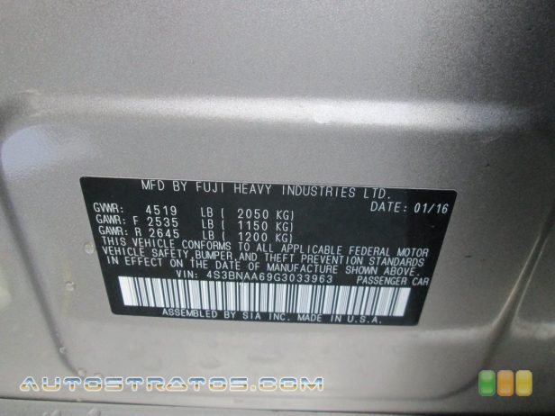 2016 Subaru Legacy 2.5i 2.5 Liter DOHC 16-Valve VVT Flat 4 Cylinder Lineartronic CVT Automatic