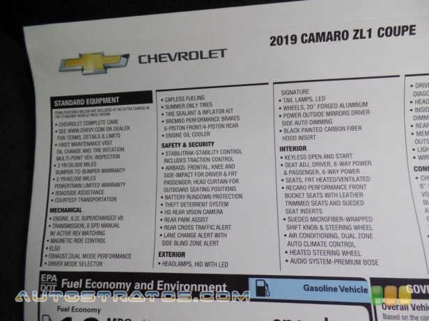 2019 Chevrolet Camaro ZL1 Coupe 6.2 Liter Supercharged DI OHV 16-Valve VVT LT4 V8 6 Speed Manual