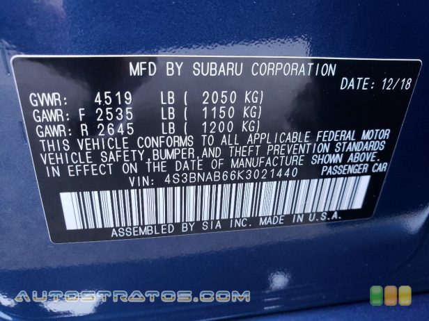 2019 Subaru Legacy 2.5i 2.5 Liter DI DOHC 16-Valve VVT Flat 4 Cylinder Lineartronic CVT Automatic