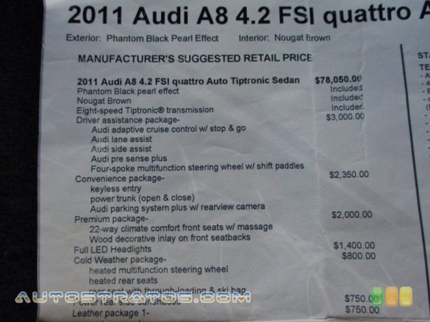 2011 Audi A8 4.2 FSI quattro 4.2 Liter FSI DOHC 32-Valve VVT V8 8 Speed Tiptronic Automatic