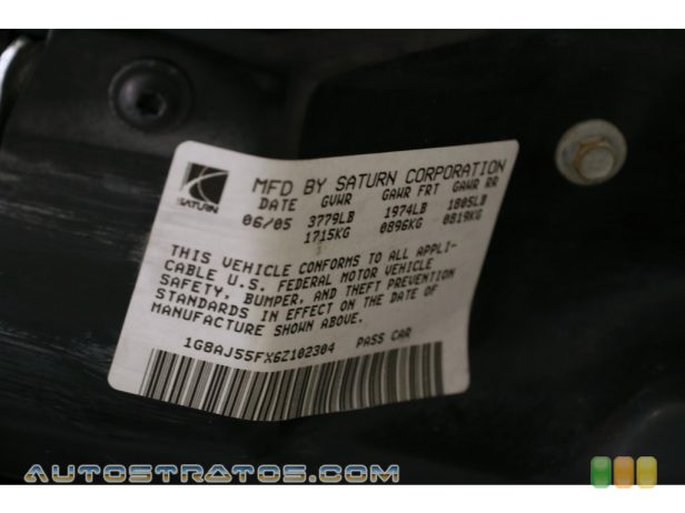 2006 Saturn ION 2 Sedan 2.2 Liter DOHC 16-Valve Ecotec 4 Cylinder 4 Speed Automatic