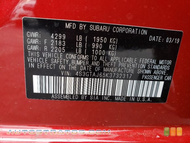 2019 Subaru Impreza 2.0i Sport 5-Door 2.0 Liter DI DOHC 16-Valve VVT Flat 4 Cylinder Lineartronic CVT Automatic
