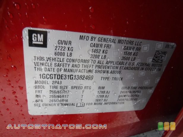 2016 Chevrolet Colorado Z71 Crew Cab 4x4 3.6 Liter DI DOHC 24-Valve VVT V6 6 Speed Automatic