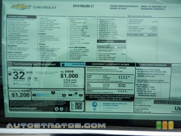 2019 Chevrolet Malibu LT 1.5 Liter Turbocharged DOHC 16-Valve VVT 4 Cylinder CVT Automatic