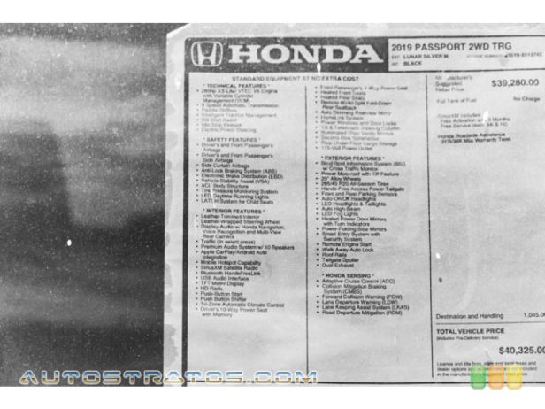 2019 Honda Passport Touring 3.5 Liter SOHC 24-Valve i-VTEC V6 9 Speed Automatic