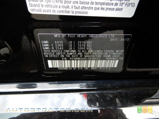 2012 Subaru Legacy 2.5i 2.5 Liter SOHC 16-Valve VVT Flat 4 Cylinder Lineartronic CVT Automatic
