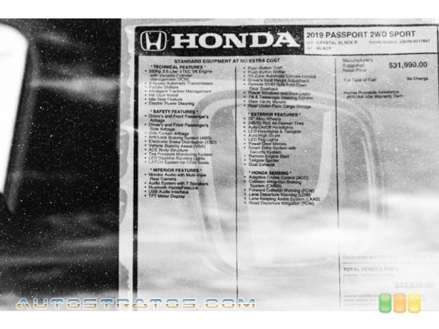2019 Honda Passport Sport 3.5 Liter SOHC 24-Valve i-VTEC V6 9 Speed Automatic