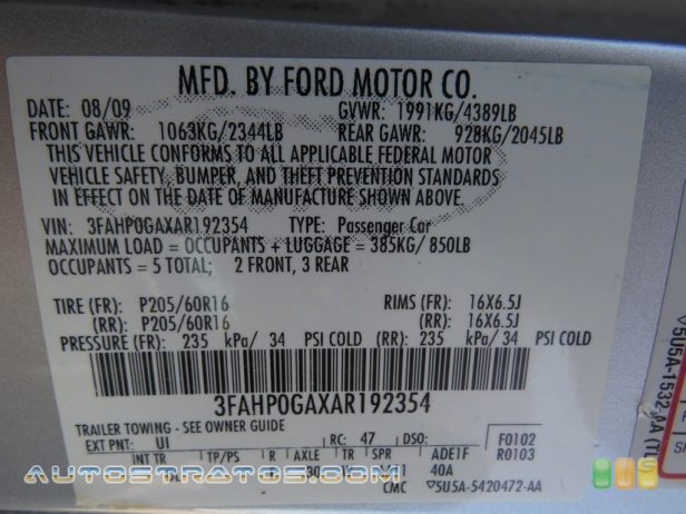 2010 Ford Fusion S 2.5 Liter DOHC 16-Valve VVT Duratec 4 Cylinder 6 Speed Automatic
