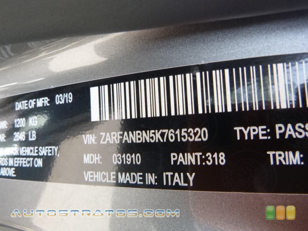 2019 Alfa Romeo Giulia Ti AWD 2.0 Liter Turbocharged SOHC 16-Valve VVT 4 Cylinder 8 Speed Automatic