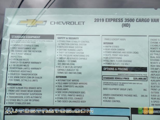 2019 Chevrolet Express 3500 Cargo WT 6.0 Liter DI OHV 16-Valve VVT EcoTech3 V8 6 Speed Automatic