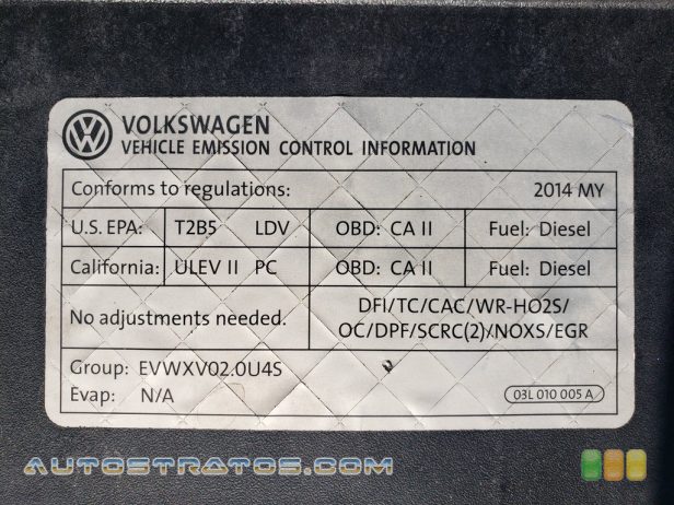 2014 Volkswagen Passat TDI SE 2.0 Liter TDI DOHC 16-Valve Turbo-Diesel 4 Cylinder 6 Speed DSG Dual-Clutch Automatic