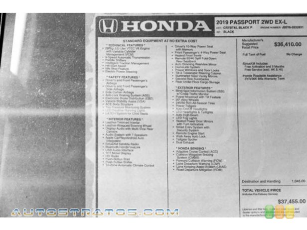 2019 Honda Passport EX-L 3.5 Liter SOHC 24-Valve i-VTEC V6 9 Speed Automatic
