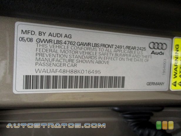 2008 Audi A4 2.0T Cabriolet 2.0 Liter FSI Turbocharged DOHC 16-Valve VVT 4 Cylinder Multitronic CVT Automatic