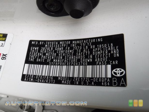 2014 Toyota Corolla LE Eco 1.8 Liter DOHC 16-Valve Dual VVT-i 4 Cylinder CVTi-S Automatic