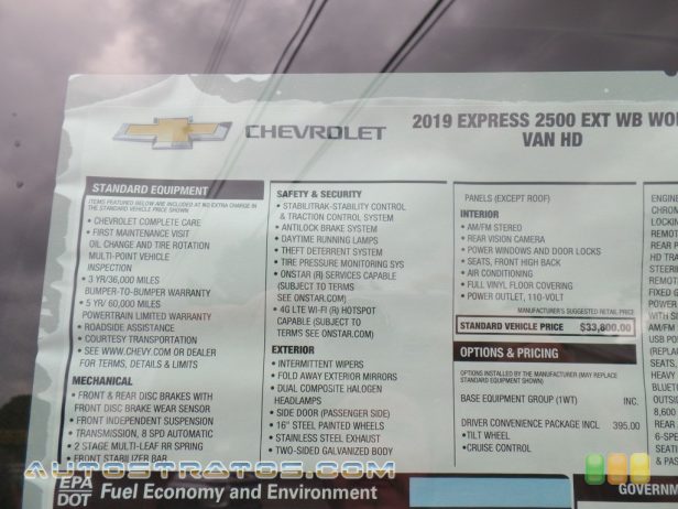 2019 Chevrolet Express 2500 Cargo Extended WT 6.0 Liter DI OHV 16-Valve VVT EcoTech3 V8 6 Speed Automatic