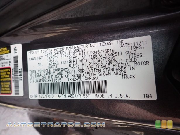 2012 Toyota Tacoma SR5 Access Cab 4x4 2.7 Liter DOHC 16-Valve VVT-i 4 Cylinder 5 Speed Manual