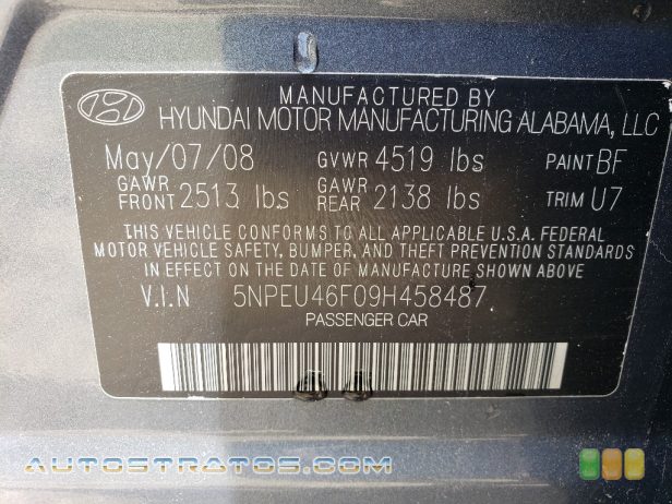 2009 Hyundai Sonata SE V6 3.3 Liter DOHC 24 Valve VVT V6 5 Speed Shiftronic Automatic