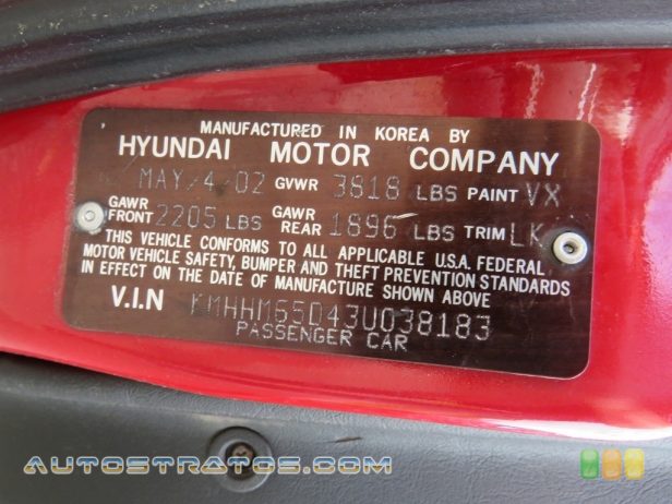 2003 Hyundai Tiburon  2.0 Liter DOHC 16-Valve 4 Cylinder 4 Speed Automatic