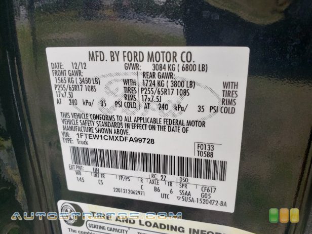 2013 Ford F150 XL SuperCrew 3.7 Liter Flex-Fuel DOHC 24-Valve Ti-VCT V6 6 Speed Automatic