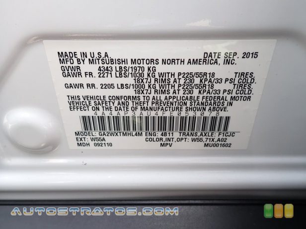2015 Mitsubishi Outlander Sport ES 2.0 Liter DOHC 16-Valve MIVEC 4 Cylinder CVT Automatic