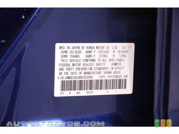 2011 Honda Fit  1.5 Liter SOHC 16-Valve i-VTEC 4 Cylinder 5 Speed Manual