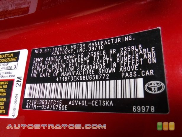 2011 Toyota Camry SE 2.5 Liter DOHC 16-Valve Dual VVT-i 4 Cylinder 6 Speed ECT-i Automatic