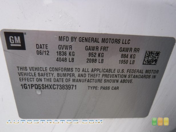 2012 Chevrolet Cruze LS 1.8 Liter DOHC 16-Valve VVT 4 Cylinder 6 Speed Manual