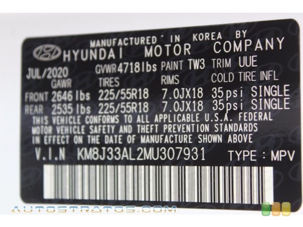 2021 Hyundai Tucson SEL 2.4 Liter DOHC 16-Valve D-CVVT 4 Cylinder 6 Speed Automatic