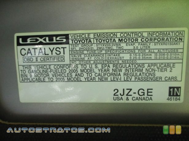 2005 Lexus GS 300 3.0 Liter DOHC 24-Valve VVT-i Inline 6 Cylinder 5 Speed Automatic