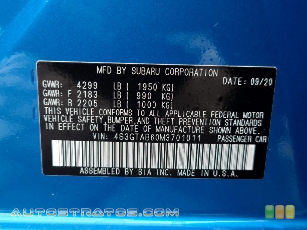 2021 Subaru Impreza 5-Door 2.0 Liter DOHC 16-Valve VVT Flat 4 Cylinder Lineartronic CVT Automatic
