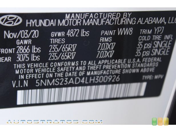 2020 Hyundai Santa Fe SE 2.4 Liter DOHC 16-Valve D-CVVT 4 Cylinder 8 Speed Automatic