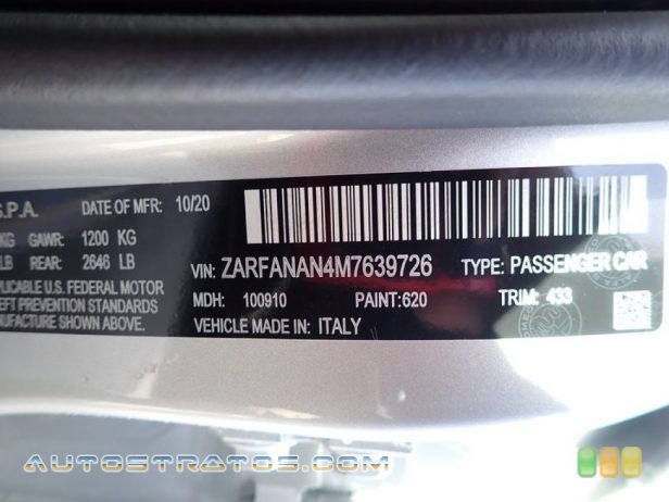 2021 Alfa Romeo Giulia Sprint AWD 2.0 Liter Turbocharged SOHC 16-Valve VVT 4 Cylinder 8 Speed Automatic
