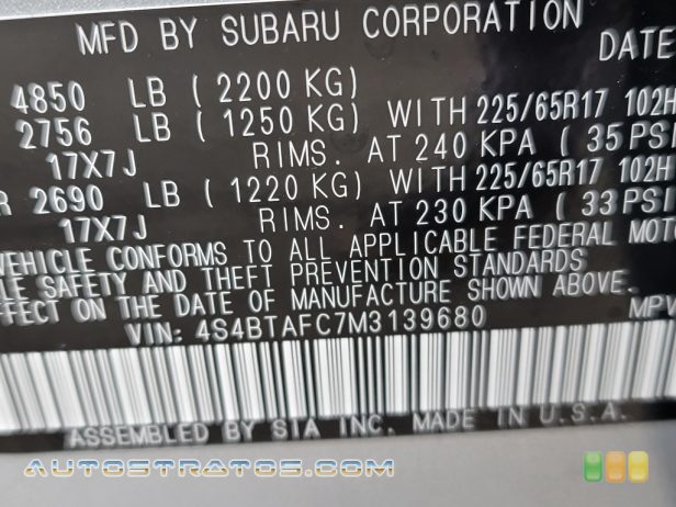 2021 Subaru Outback 2.5i Premium 2.5 Liter DOHC 16-Valve VVT Flat 4 Cylinder Lineartronic CVT Automatic