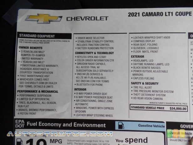 2021 Chevrolet Camaro LT1 Coupe 6.2 Liter DI OHV 16-Valve VVT LT1 V8 6 Speed Manual