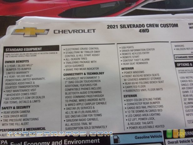 2021 Chevrolet Silverado 1500 Custom Crew Cab 4x4 2.7 Liter Turbocharged DOHC 16-Valve VVT 4 Cylinder 8 Speed Automatic