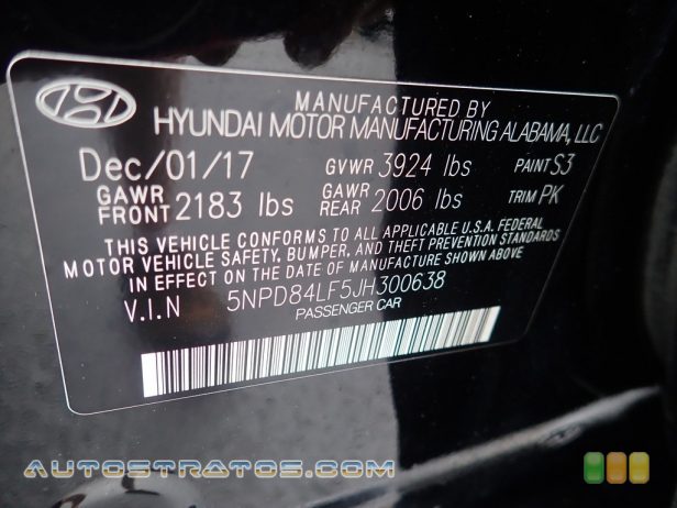 2018 Hyundai Elantra SEL 2.0 Liter DOHC 16-valve D-CVVT 4 Cylinder 6 Speed Automatic