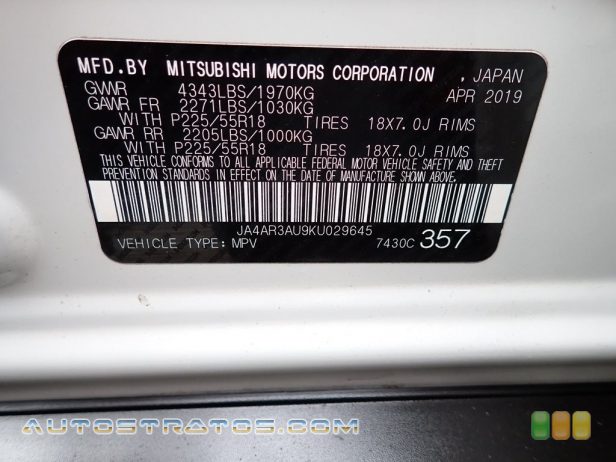 2019 Mitsubishi Outlander Sport ES AWC 2.0 Liter SOHC 16-Valve MIVEC 4 Cylinder CVT Automatic
