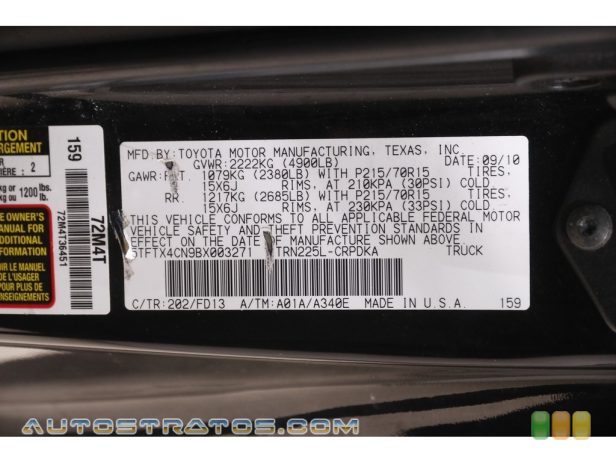 2011 Toyota Tacoma Access Cab 2.7 Liter DOHC 16-Valve VVT-i 4 Cylinder 4 Speed Automatic