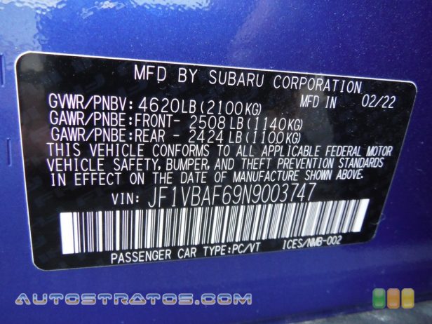 2022 Subaru WRX Premium 2.4 Liter Turbocharged DOHC 16-Valve VVT Flat 4 Cylinder 6 Speed Manual