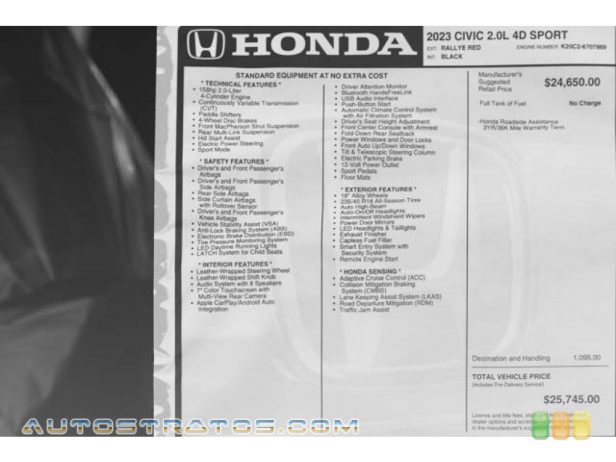 2023 Honda Civic Sport Sedan 2.0 Liter DOHC 16-Valve i-VTEC 4 Cylinder CVT Automatic