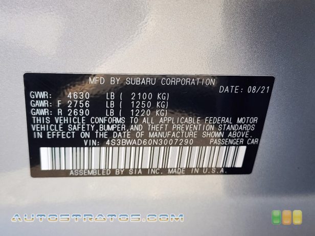 2022 Subaru Legacy Premium 2.5 Liter DOHC 16-Valve VVT Flat 4 Cylinder Lineartronic CVT Automatic