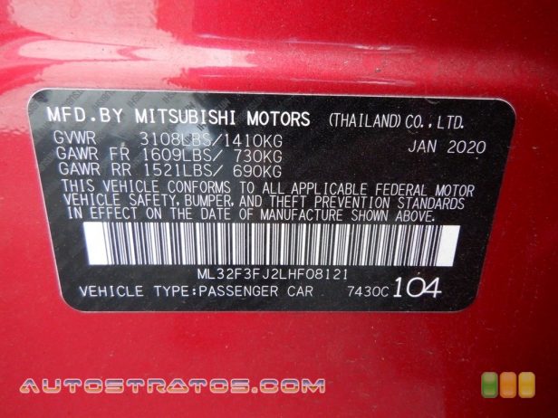 2020 Mitsubishi Mirage G4 ES 1.2 Liter DOHC 12-Valve MIVEC 3 Cylinder CVT AUtomatic